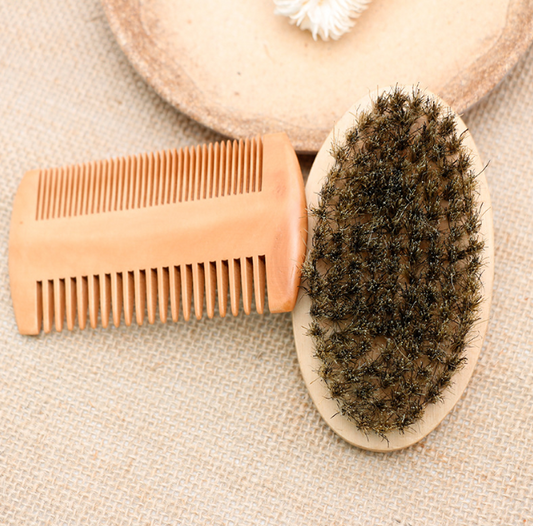 Beard Care Set - Natural Wood Comb & Oval Brush for Men