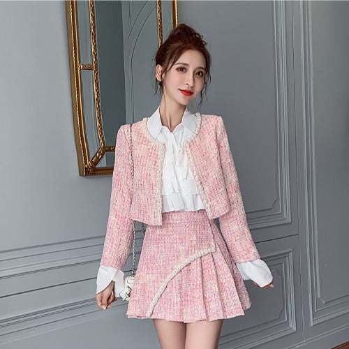 Women's Tweed Jacket and Pleated Shirt Set